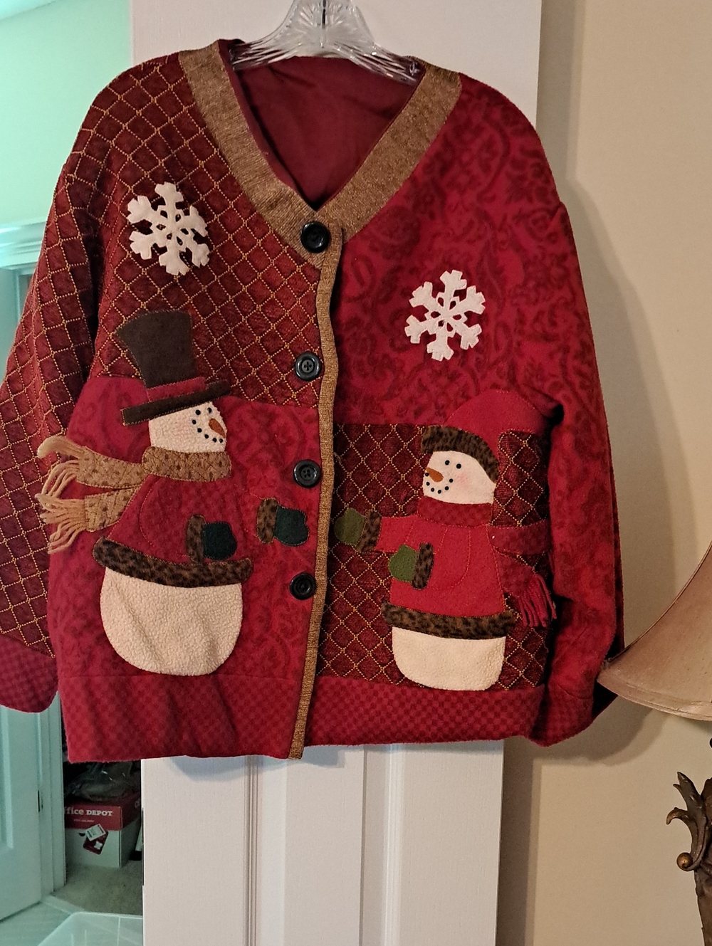 Womens' Festive Snowman Patchwork Cardigan - Red